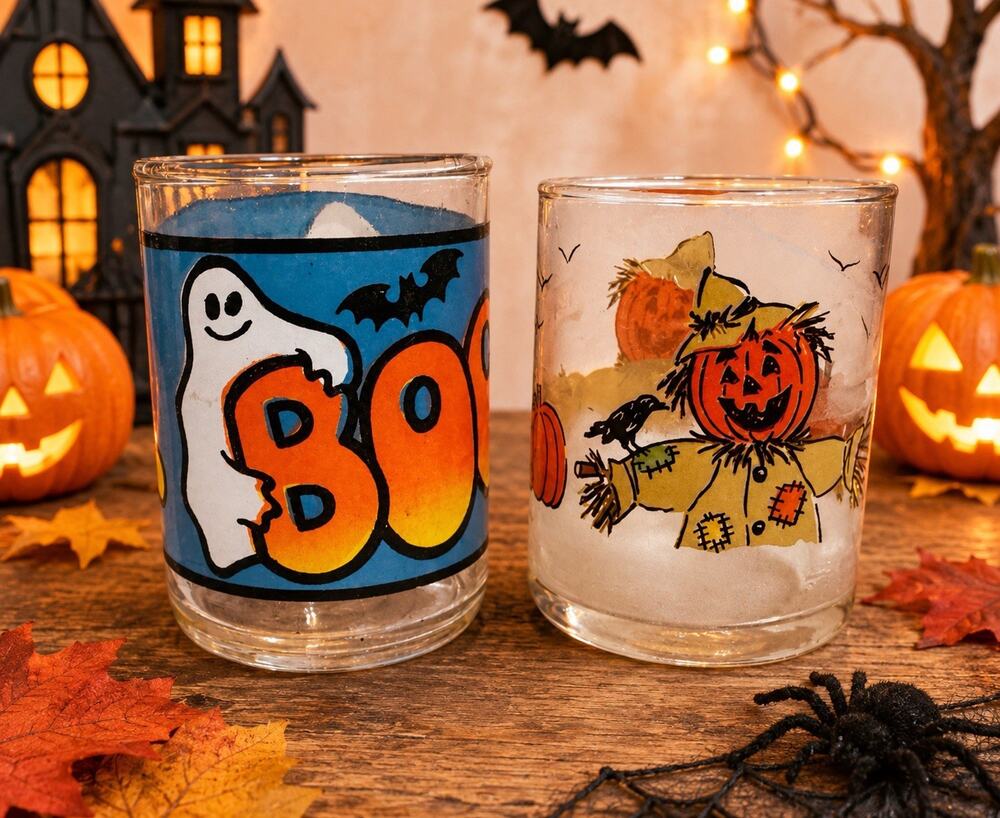 Vintage Halloween Glass Votive Holders Indiana Boo & Libbey Scarecrow Pair VGUC